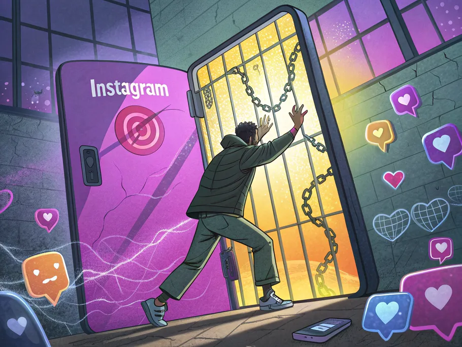 A person trapped inside a giant smartphone screen, pressing their hands against the glass barrier, symbolizing struggles with Instagram account recovery.