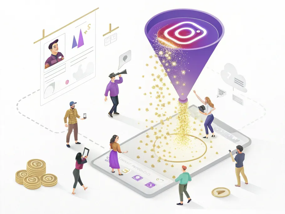 Stylized Instagram app icon at the top of a digital funnel with data cascading down to a vibrant website homepage.