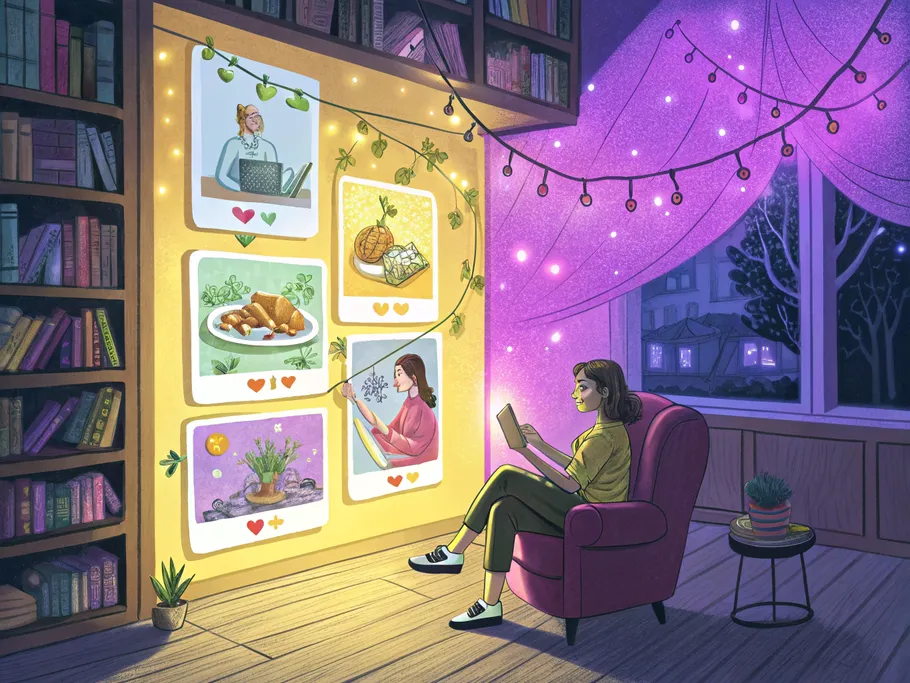 A whimsical illustration of a cozy library room with floating Instagram post frames and a figure curating lifestyle photos.