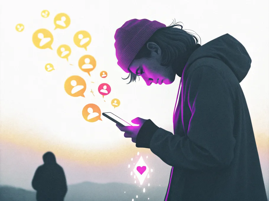 A person looking at a smartphone as digital follower icons drift away, symbolizing loss on social media.