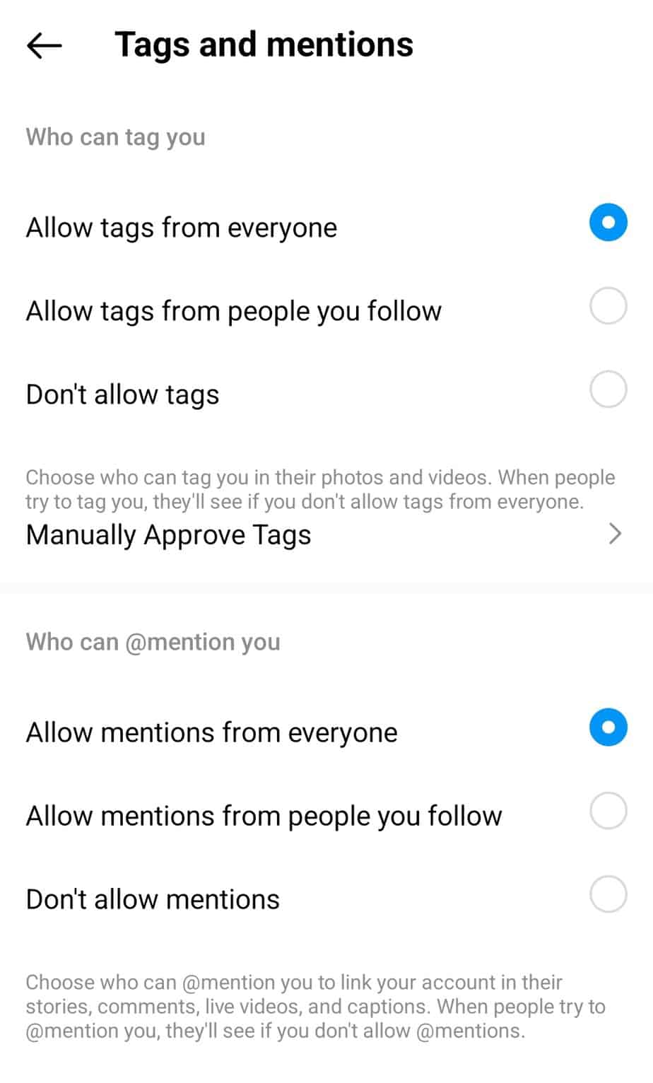 tags and mentions settings